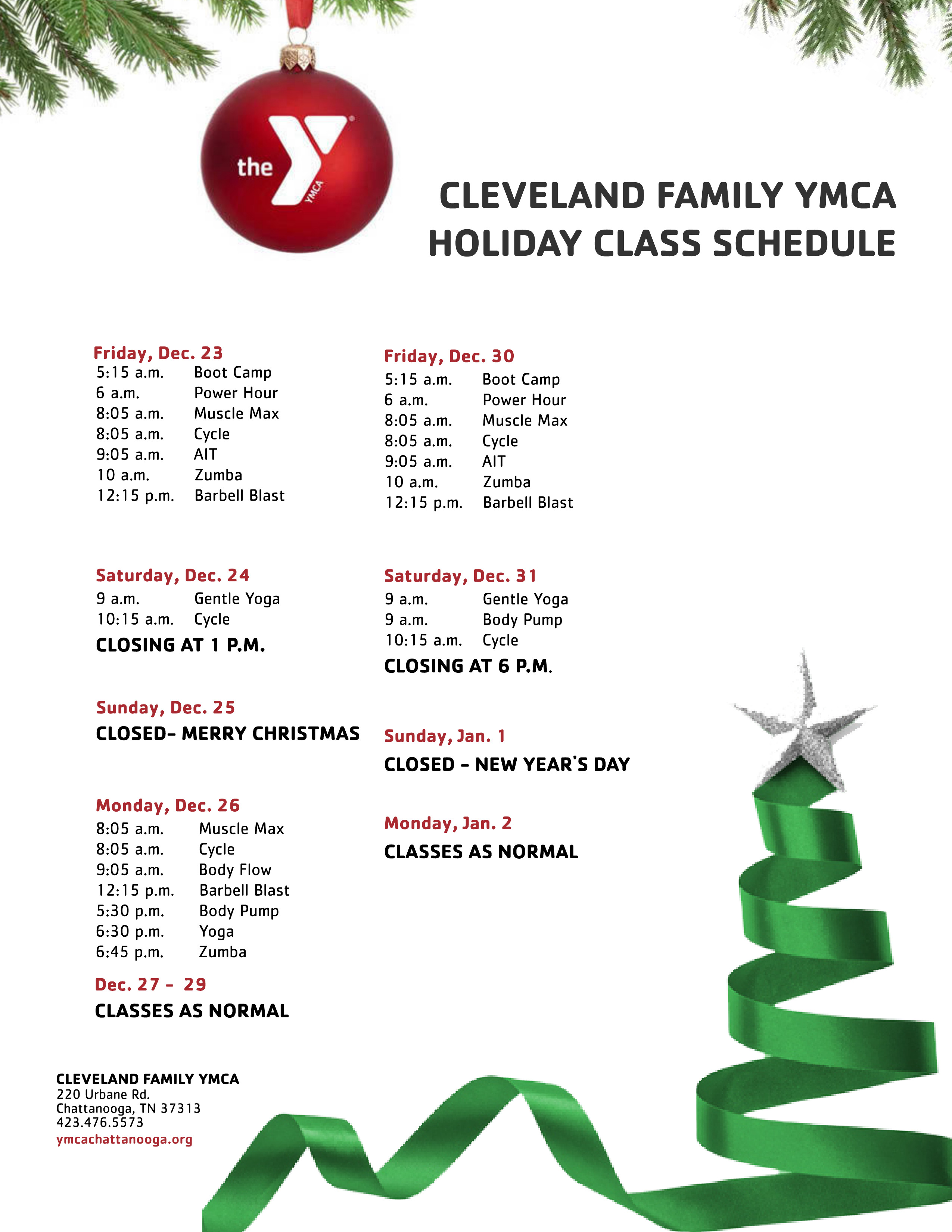 Holiday Class Schedules